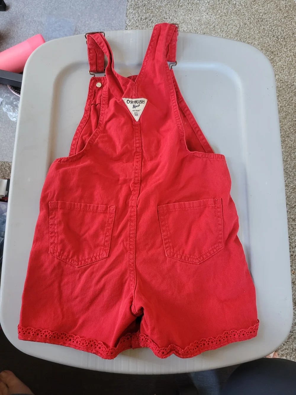 Vintage OshKosh B'Gosh Red Shortalls Girls Size 5T Lace Trim Overalls Romper